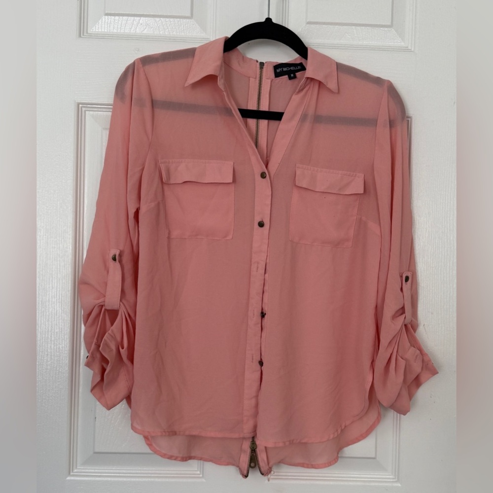 My Michelle Pink Sheer Button-Down Shirt